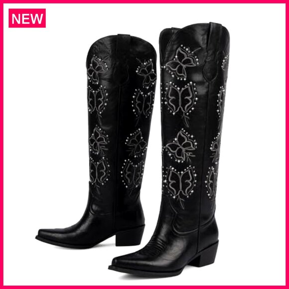 Knee High Cowboy Boots with Rhinestone Butterfly Embroidery Chunky Heel Slip On - Picture 5 of 7
